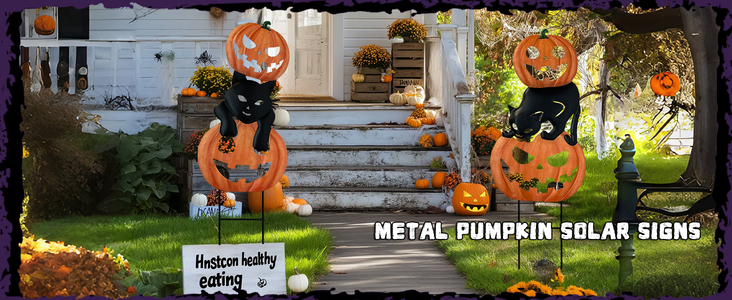 metal pumpkin and cat halloween stakes garden decor