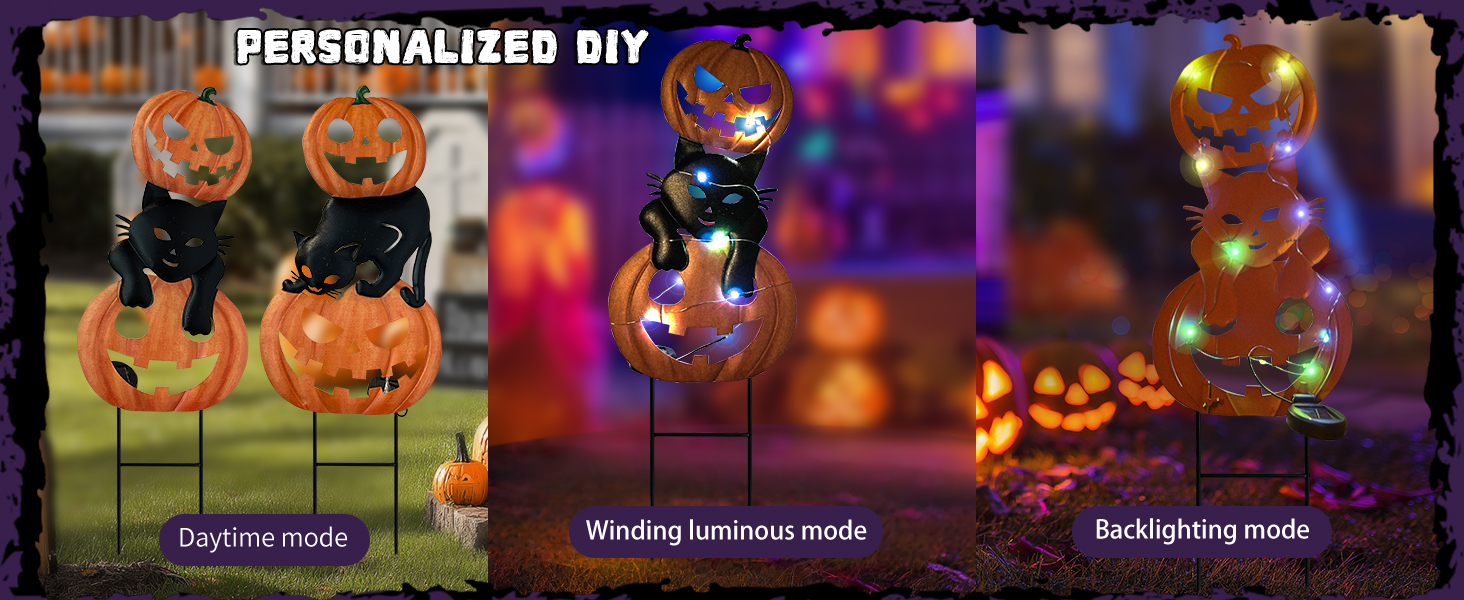 different views of a pumpkin and black cat halloween garden stakes in day and at night