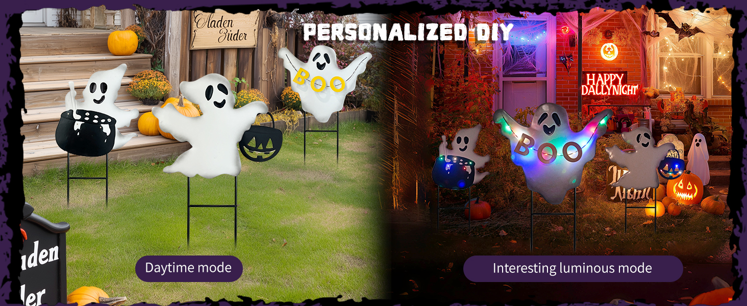 a day and night view of three ghost garden stakes