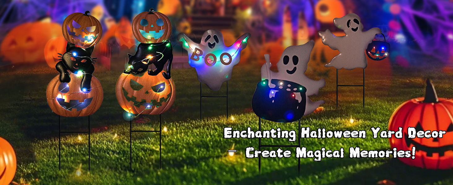 a combination of halloween themed garden stakes