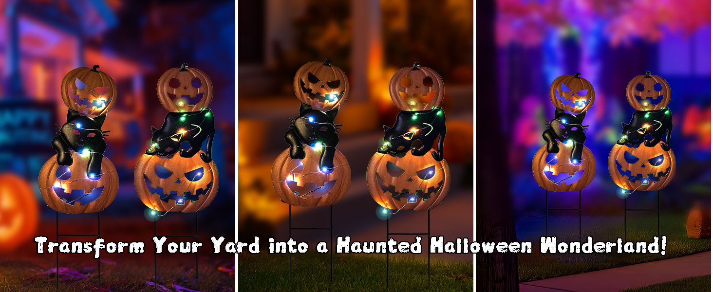 three different views of a pumpkin and black cat garden stakes in the garden