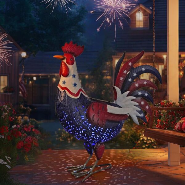 a metal american style rooster statue with solar lights