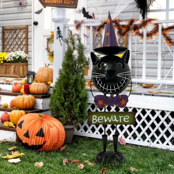 day view of a black cat statue decor at the front door